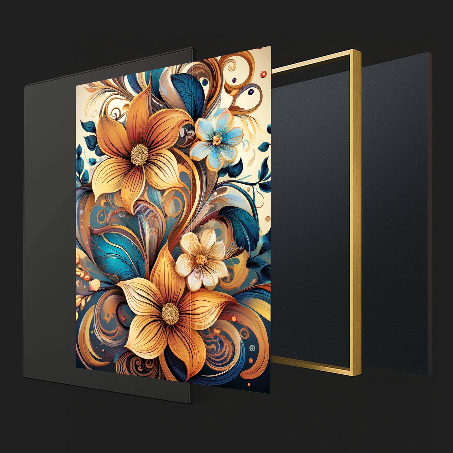 Golden & Cream Floral Metal Framed Wall Art – Elegant Botanical Design