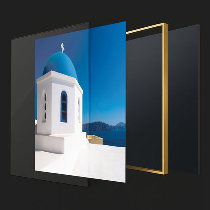 Santorini Blue Dome Church – Greek Island Wall Art, Minimal Coastal Icon