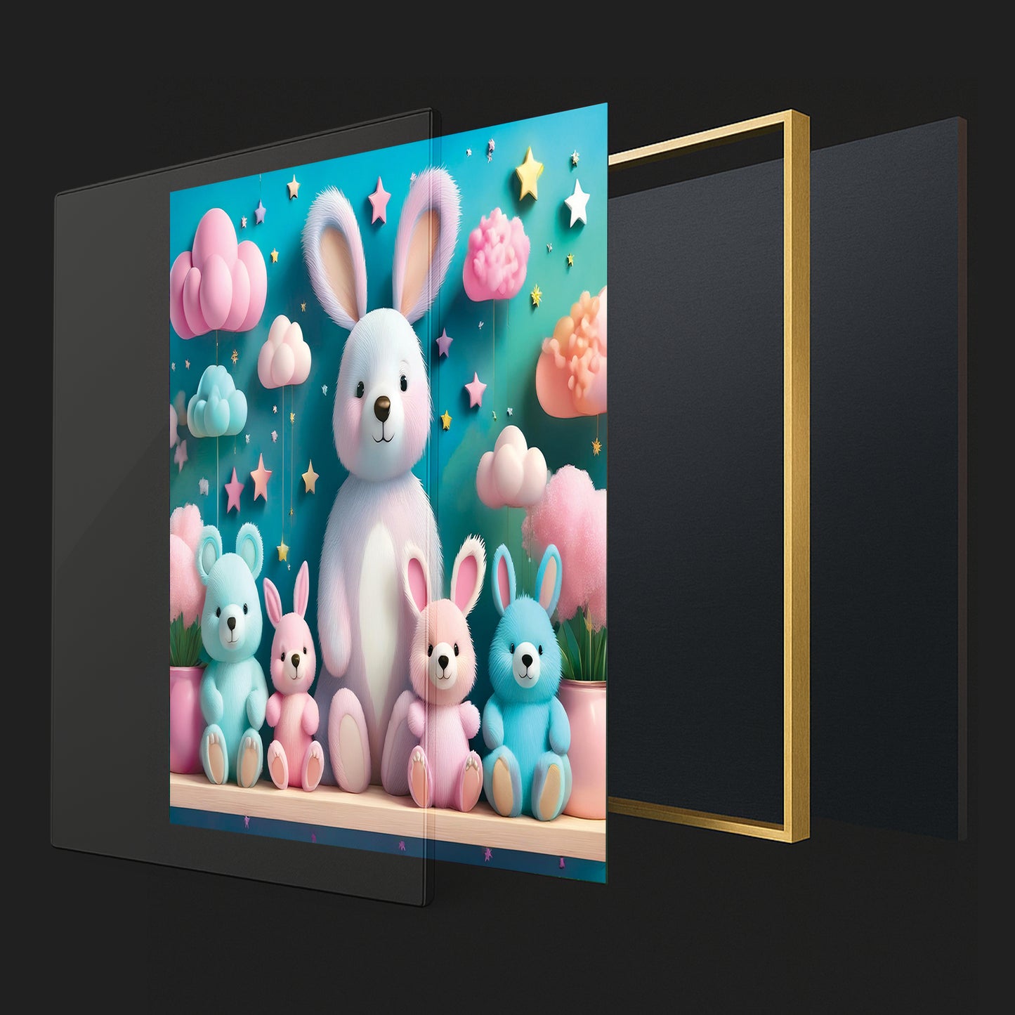 Bunny & Bear Plush Parade – 3D Pastel Nursery Wall Art