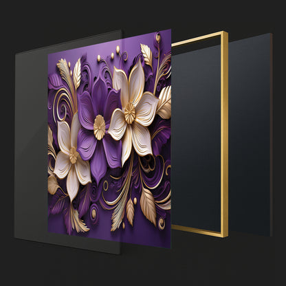 Luxury Purple & Gold Floral Metal Framed Wall Art – Elegant Botanical Design