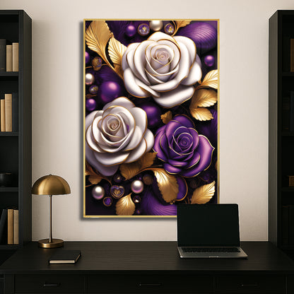 Elegant Purple & White Rose Metal Framed Wall Art – Modern Luxury Décor
