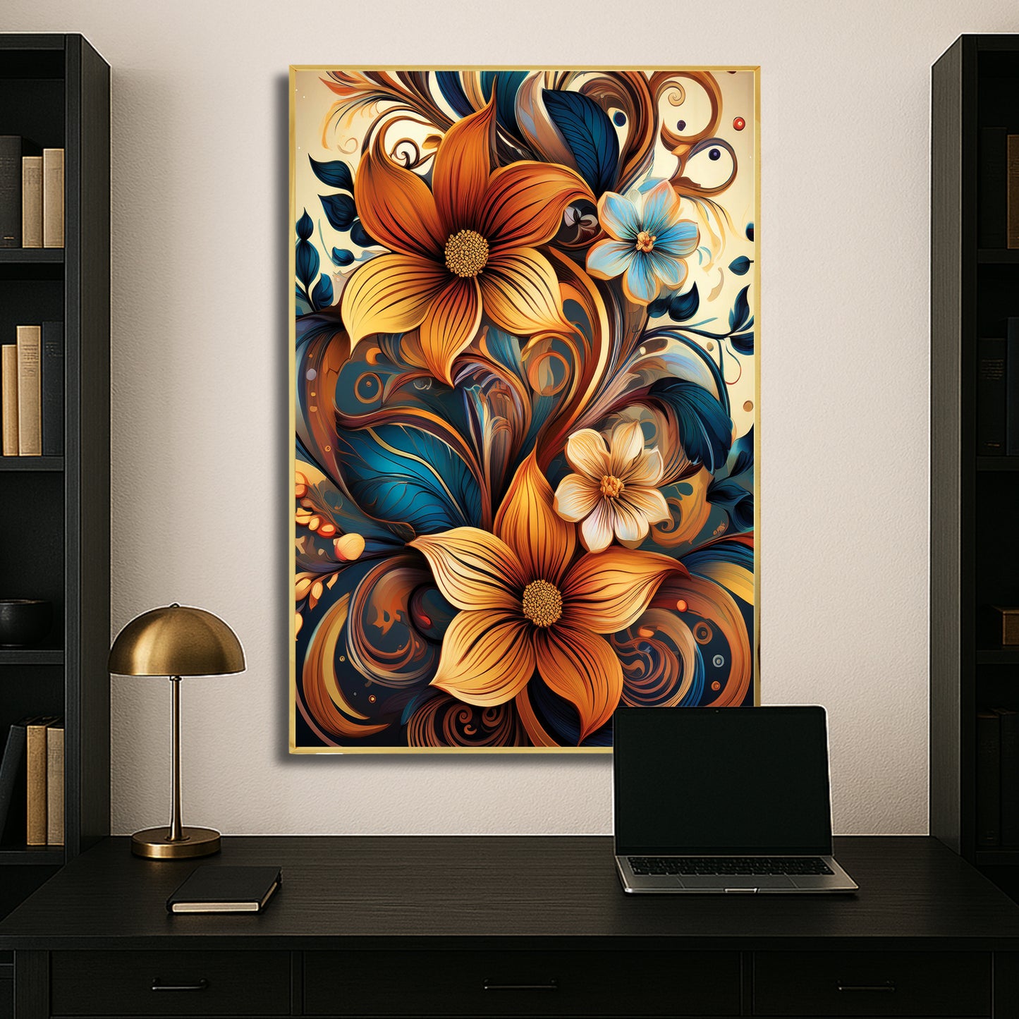 Golden & Cream Floral Metal Framed Wall Art – Elegant Botanical Design