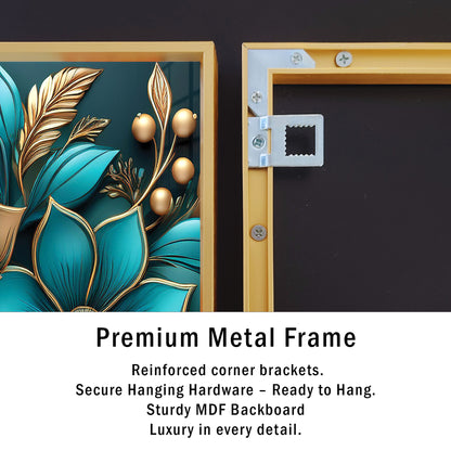Golden & Cream Floral Metal Framed Wall Art – Elegant Botanical Design