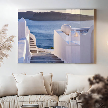 Elegant Staircase in Santorini – Sunset View Over Aegean Horizon