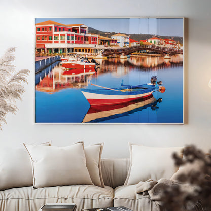 Lefkada Harbor – Greek Fishing Village Wall Art, Colorful Waterfront Scene