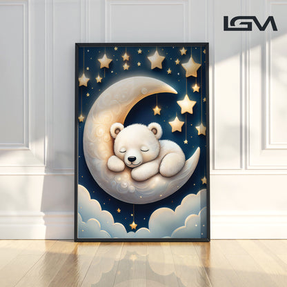 White Bear Asleep on Lunar Moon – Starry Night Nursery Wall Decor