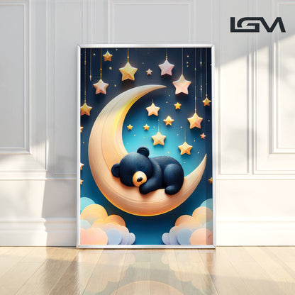 Sleeping Black Bear on Crescent Moon – Dreamy Nursery Wall Art