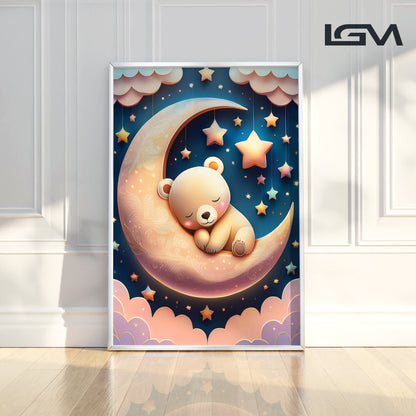 Golden Moon & Sleeping Brown Bear – Gentle Night Sky Wall Art for Nursery Decor