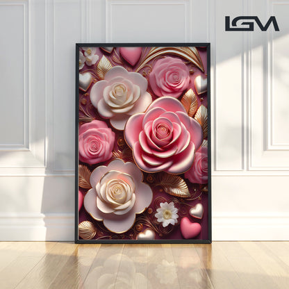 Romantic Pink & White Rose Metal Framed Wall Art – Luxury Floral Design
