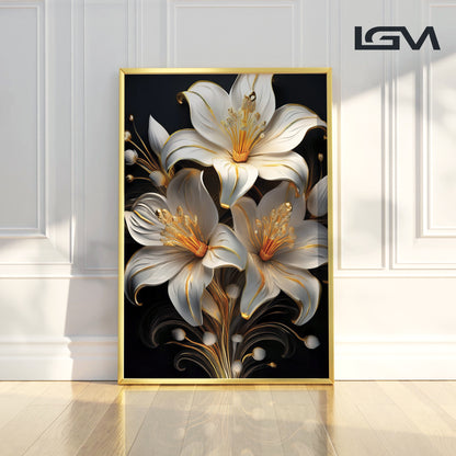 Elegant White & Gold Lily Metal Framed Wall Art – Modern Floral Luxury