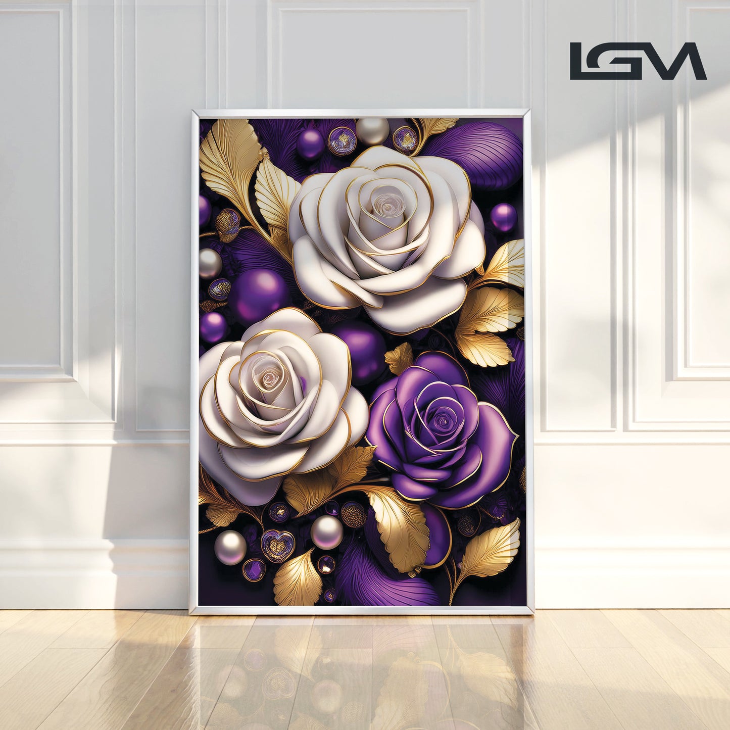 Elegant Purple & White Rose Metal Framed Wall Art – Modern Luxury Décor