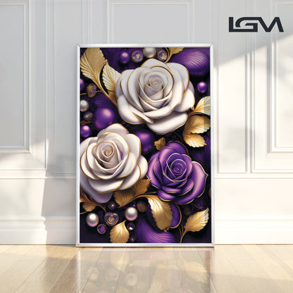 Elegant Purple & White Rose Metal Framed Wall Art – Modern Luxury Décor