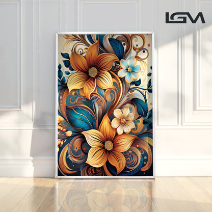 Golden & Cream Floral Metal Framed Wall Art – Elegant Botanical Design