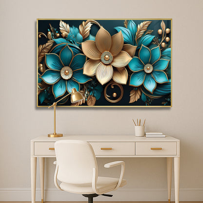 Luxury Blue & Gold Floral Metal Framed Wall Art – Elegant Botanical Design