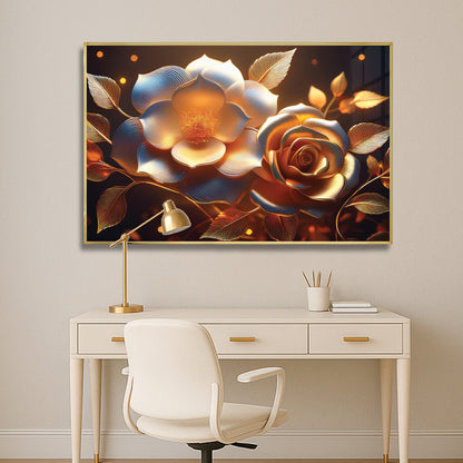 Golden Rose & Light Bloom Metal Framed Wall Art – Radiant Luxury Design