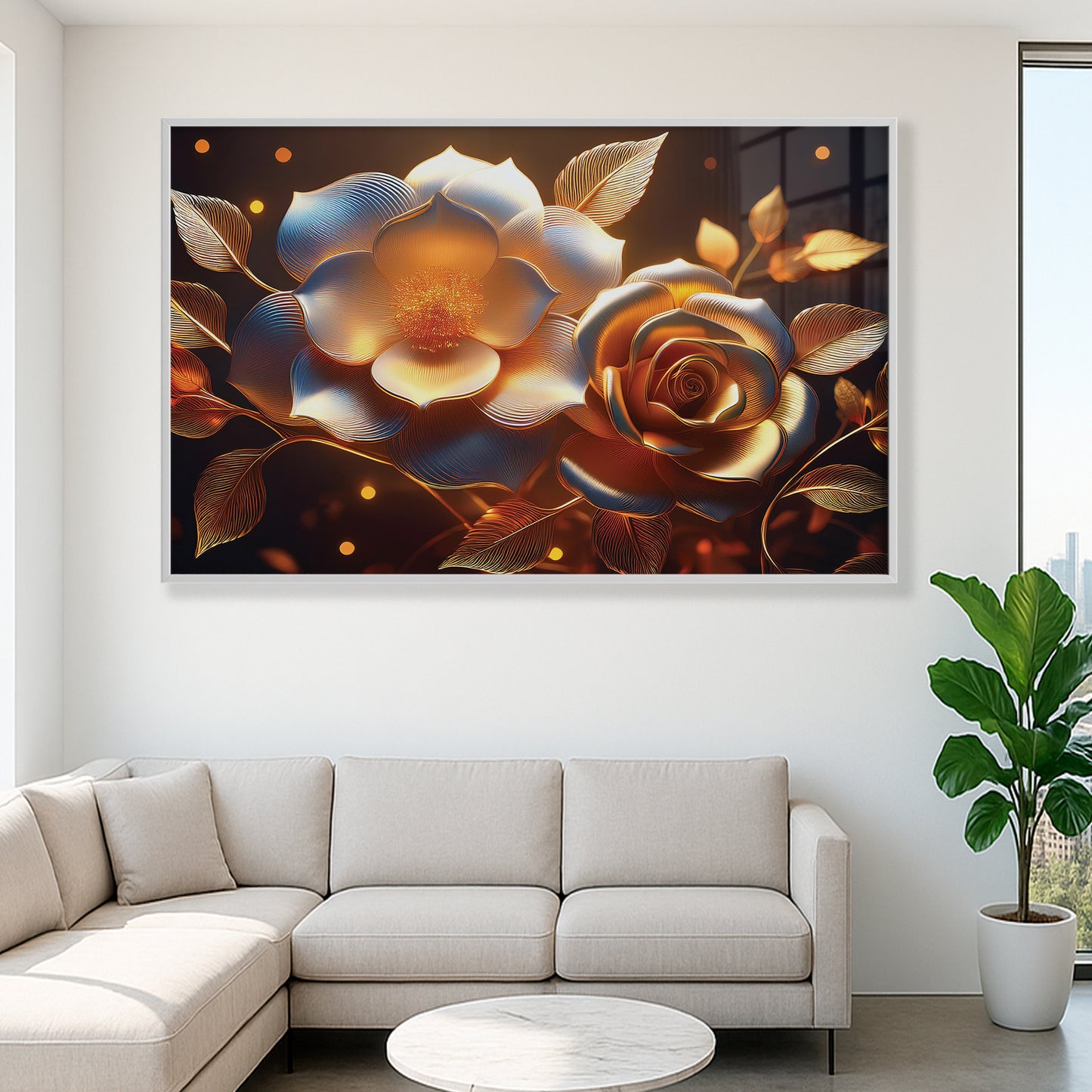 Golden Rose & Light Bloom Metal Framed Wall Art – Radiant Luxury Design