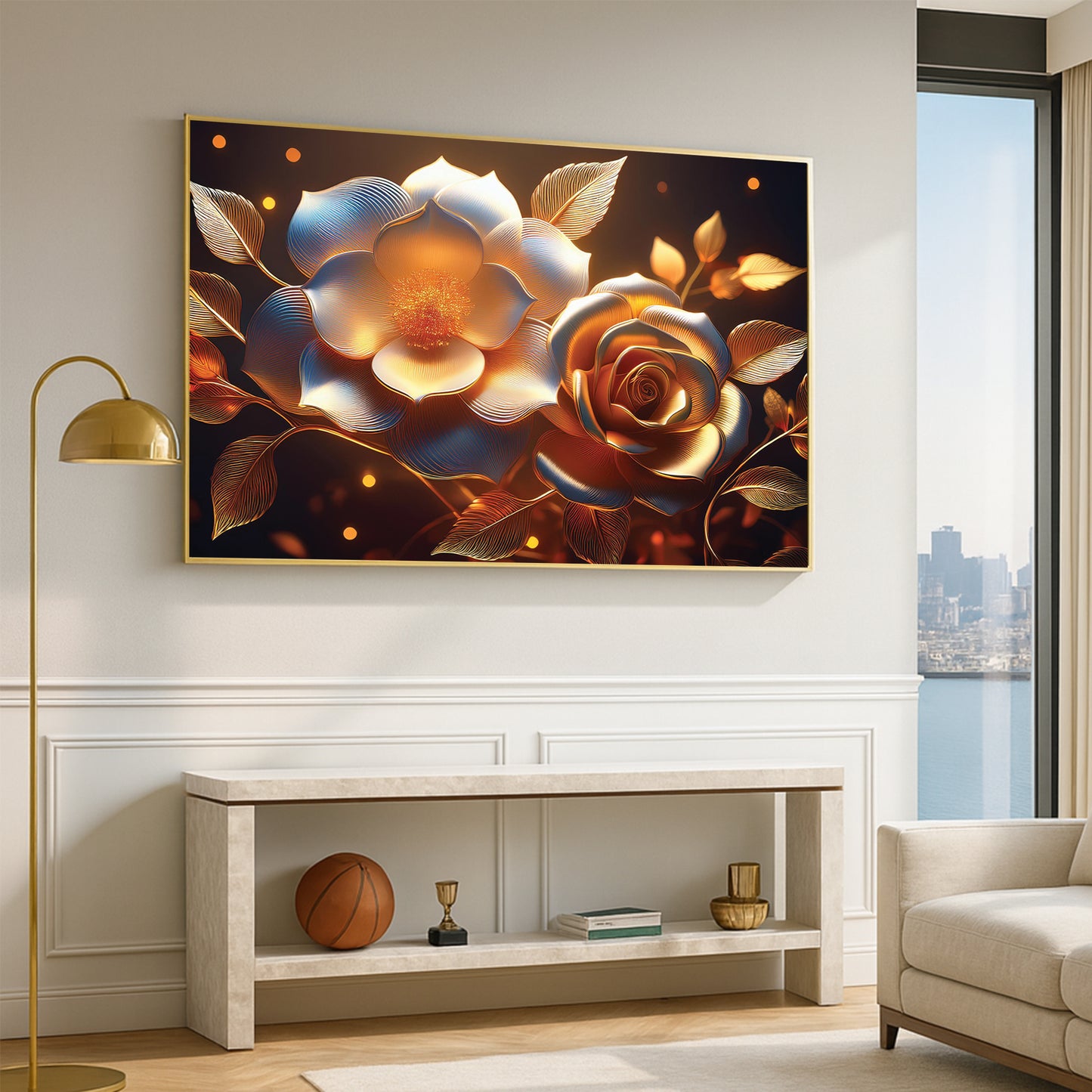 Golden Rose & Light Bloom Metal Framed Wall Art – Radiant Luxury Design