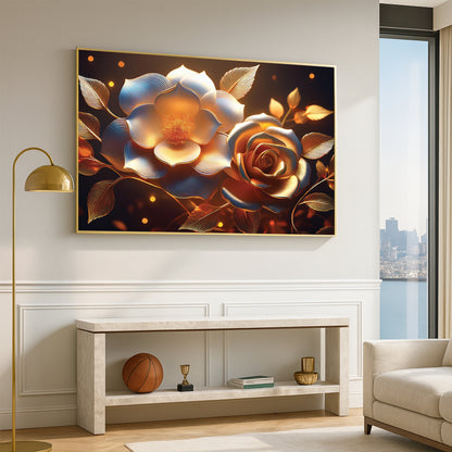 Golden Rose & Light Bloom Metal Framed Wall Art – Radiant Luxury Design