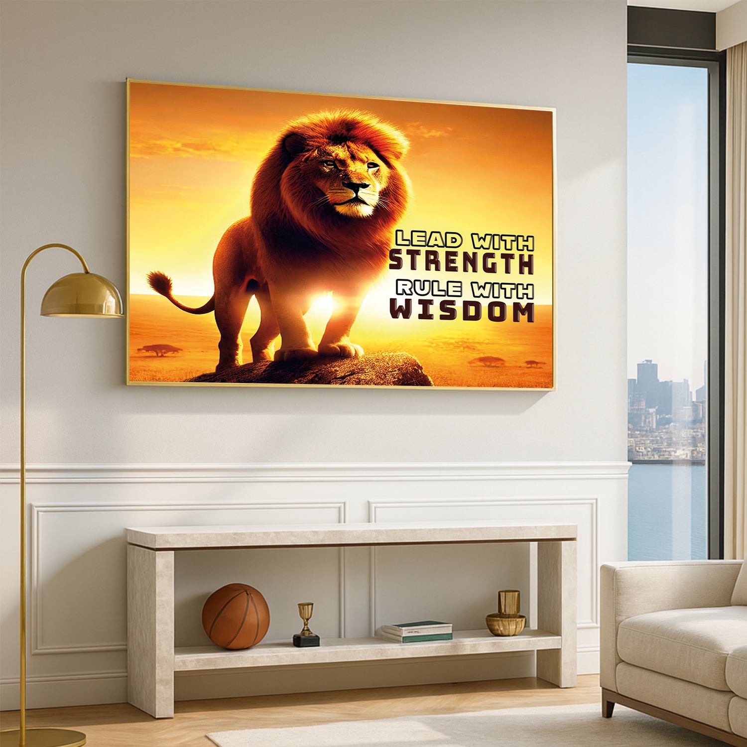 Lion King poster with motivational quote in a living room setting