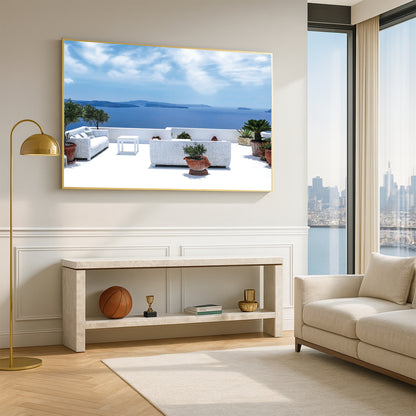 Santorini Serenity – White Balcony Wall Art, Aegean Sea View, Luxury Travel Decor