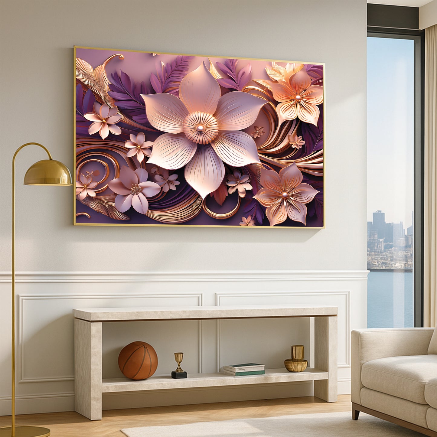 Romantic Light Pink & Purple Floral Metal Framed Wall Art – Modern Luxury Design