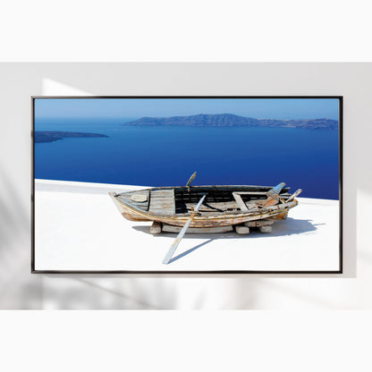 Aged Boat Overlooking Santorini Coast – Mediterranean Minimalist Wall Art Print