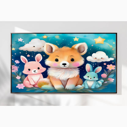 Fox & Bunny Woodland Friends Under a Starry Sky – Kids Animal Wall Art