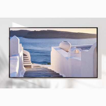Elegant Staircase in Santorini – Sunset View Over Aegean Horizon