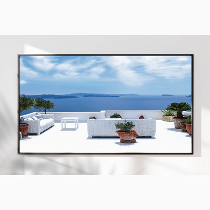 Santorini Serenity – White Balcony Wall Art, Aegean Sea View, Luxury Travel Decor