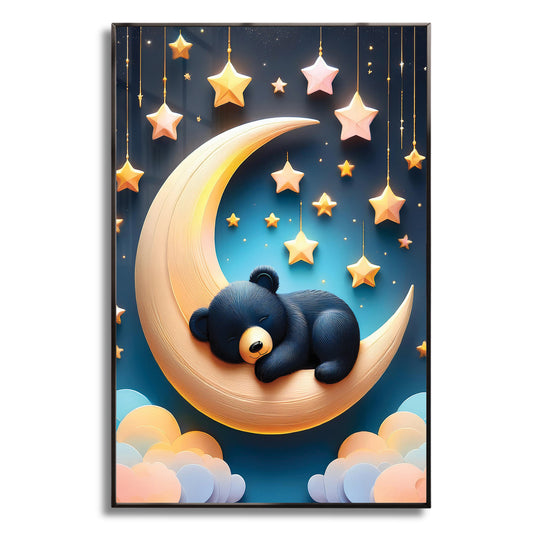 Sleeping Black Bear on Crescent Moon – Dreamy Nursery Wall Art