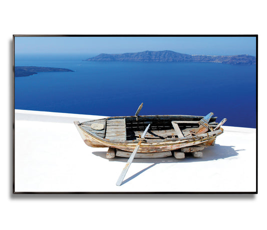 Aged Boat Overlooking Santorini Coast – Mediterranean Minimalist Wall Art Print