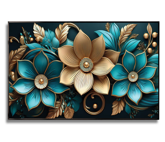 Luxury blue and gold floral wall art framed in metal, featuring turquoise petals with golden accents for modern home décor.
