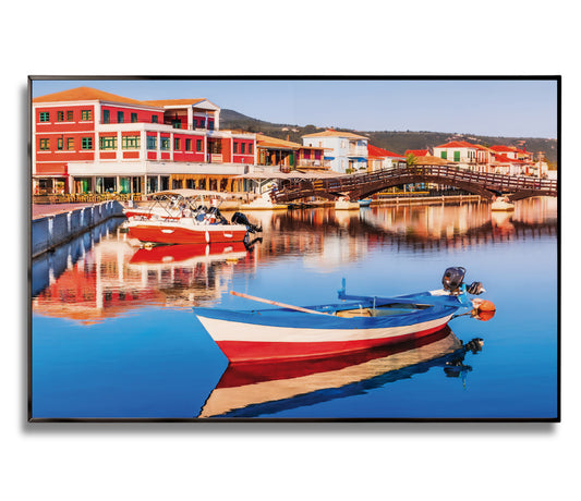 Lefkada Harbor – Greek Fishing Village Wall Art, Colorful Waterfront Scene