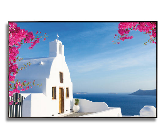 Santorini Cliffside Chapel Wall Art – Aegean Sea View with Bougainvillea Blossoms