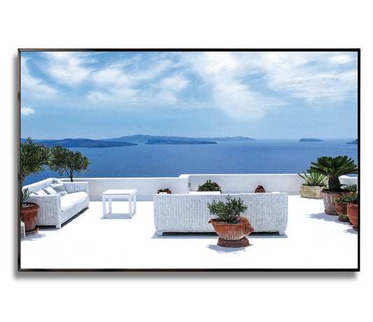 Santorini Serenity – White Balcony Wall Art, Aegean Sea View, Luxury Travel Decor