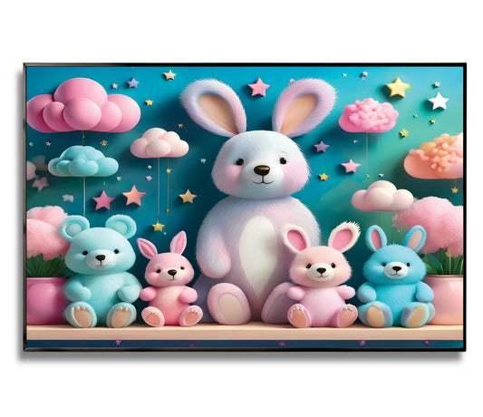 Bunny & Bear Plush Parade – 3D Pastel Nursery Wall Art