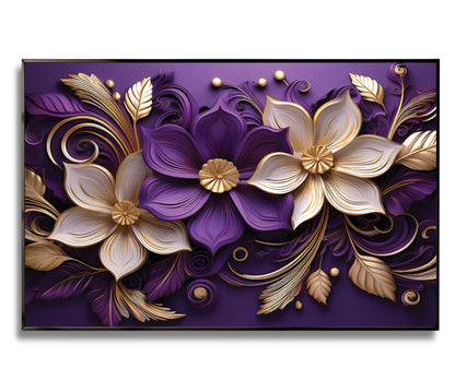Purple and gold floral metal framed wall art with intricate botanical design, perfect for adding luxury to modern interiors.