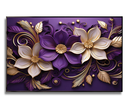 Purple and gold floral metal framed wall art with intricate botanical design, perfect for adding luxury to modern interiors.