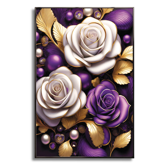 Elegant Purple & White Rose Metal Framed Wall Art – Modern Luxury Décor
