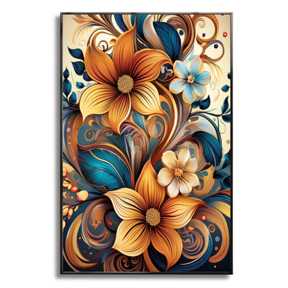 Golden and cream floral wall art with blue accents, framed in metal for elegant luxury home décor.