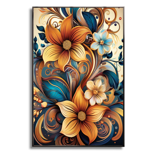 Golden and cream floral wall art with blue accents, framed in metal for elegant luxury home décor.