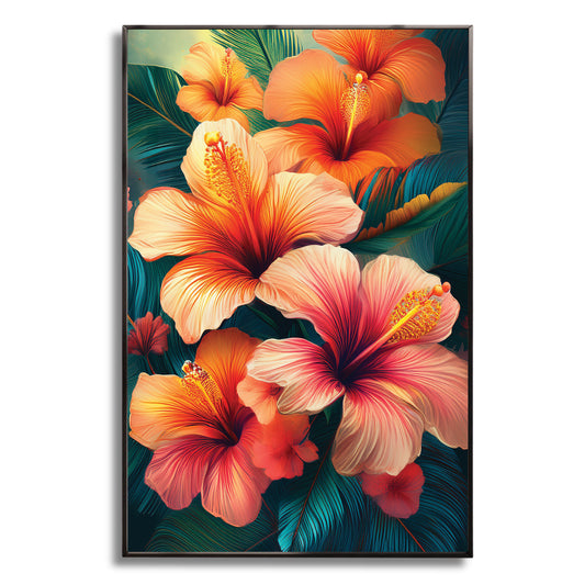 Tropical hibiscus floral wall art with orange and pink flowers and green leaves, framed in metal for exotic vibrant décor.