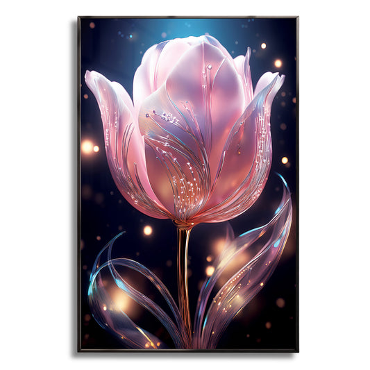 Radiant pink tulip wall art with glowing textures and metallic details, framed in metal for elegant luxury décor.