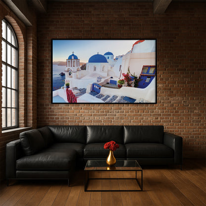 Oia Sunset View – Santorini Dome Church Wall Art, Greece Blue and White Village Decor