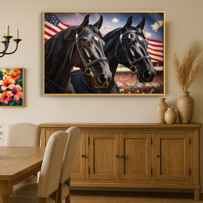 American Pride – Black Percheron Draft Duo with Flags