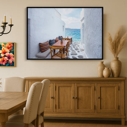 Mykonos Seaside Cafe – Greek Island Alleyway Wall Art, Coastal Dining View