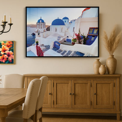 Oia Sunset View – Santorini Dome Church Wall Art, Greece Blue and White Village Decor