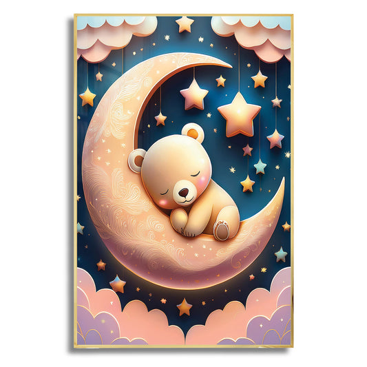 Golden Moon & Sleeping Brown Bear – Gentle Night Sky Wall Art for Nursery Decor