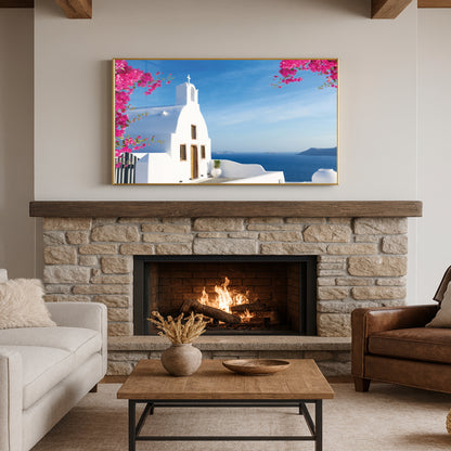 Santorini Cliffside Chapel Wall Art – Aegean Sea View with Bougainvillea Blossoms
