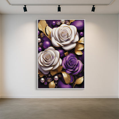 Elegant Purple & White Rose Metal Framed Wall Art – Modern Luxury Décor